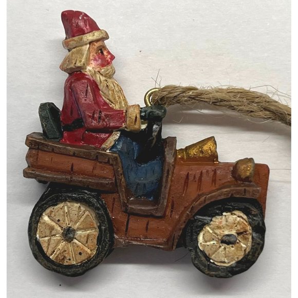 Vintage Mini Christmas Tree Ornament Santa Driving Car 2" Tall Carved Style - Picture 2 of 5